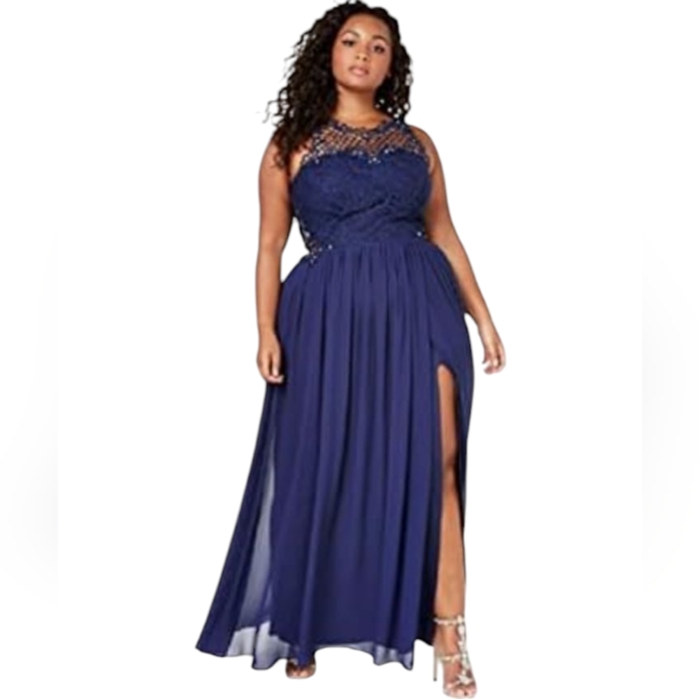 City Studio Women's Embellished Illusion Tulip Dress Gown Blue Plus Size 20W